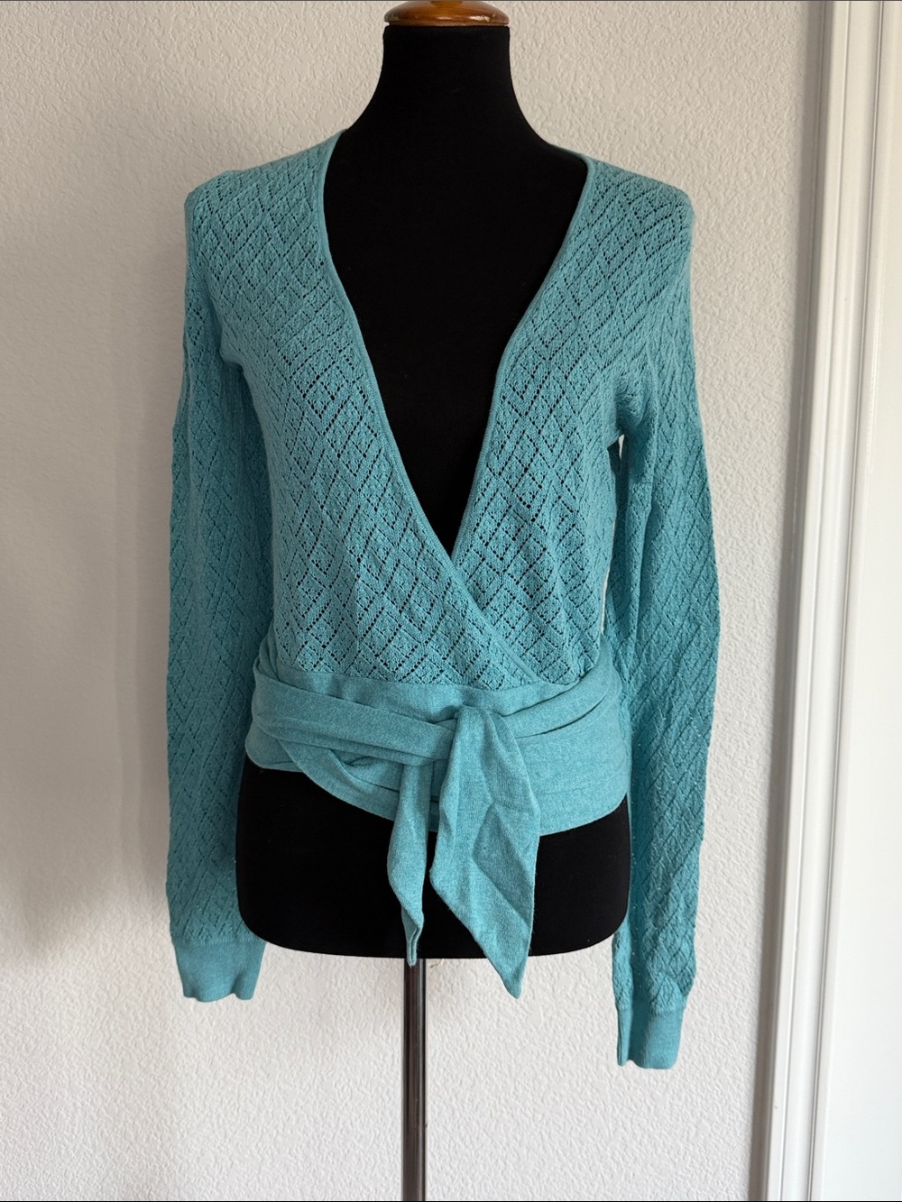Express Teal Diamond-Pattern Wrap V-Neck Sweater with Tie